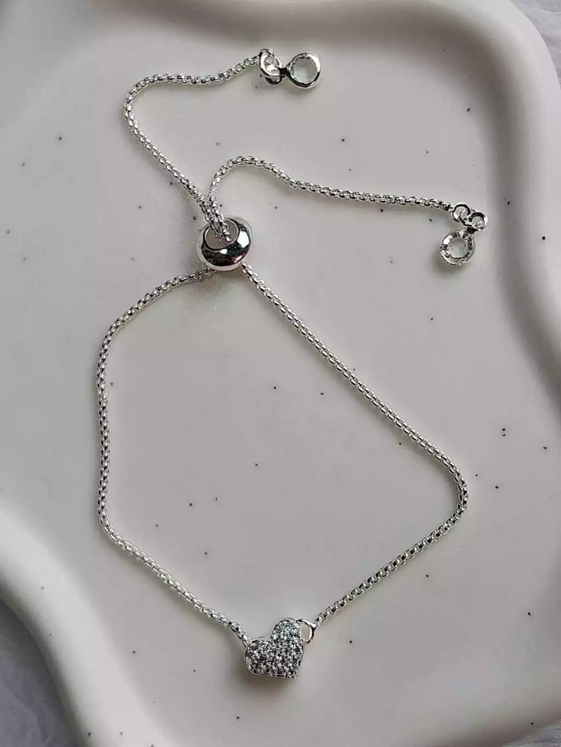 Pulseira Pandora Regulável Com pingente Coração Cravejado Prata 925